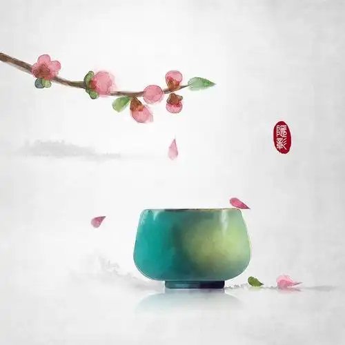 花枝春天茶杯茶文化茶道花瓣意境古典禅意24节气古风水墨画中式中国风
