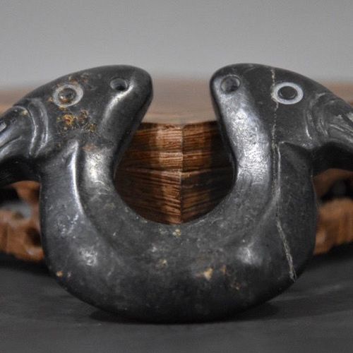 高古玉古玩玉器红山文化玉器黑皮吸磁铁黑陨石把件挂件品双凤摆件