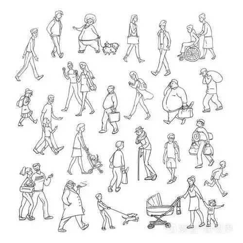 矢量素描人们沿着街道走.儿童和成人的性格不同, 年龄, 体质和情绪.