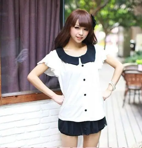 苛其灵苛非主流90后女生衣服荷叶袖娃娃翻领假扣装饰纯棉t恤