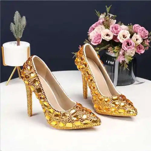 6色春季水晶钻石伴娘鞋婚礼派对女高跟女鞋新娘鞋尖头单鞋