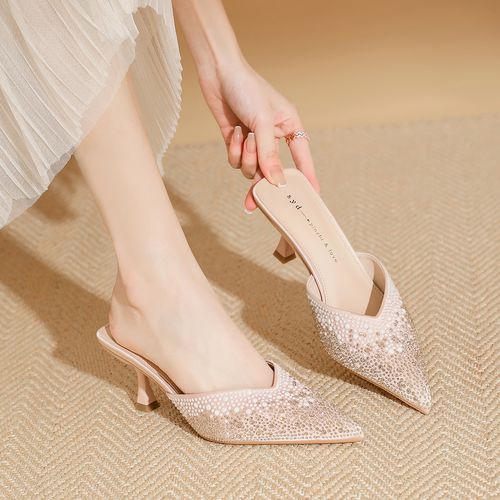 包头半托鞋女夏外穿2023新款水钻仙女风细跟尖头高跟鞋女时尚凉拖