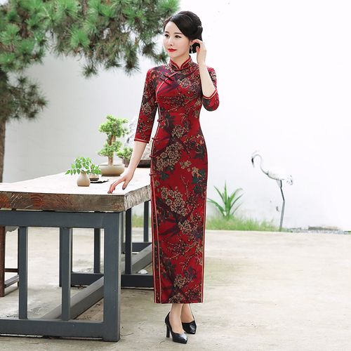 应否旗袍连衣裙秋季新款日常修身改良长款七分袖真丝桑蚕丝旗袍裙