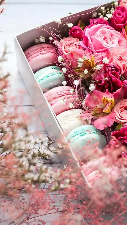 粉红色的花朵和玛卡龙,礼物 iphone 壁纸