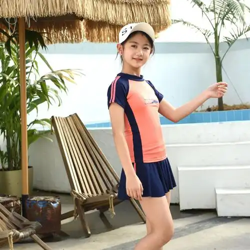 8-12岁运动款小孩泳装分体两件套平角裙式女童中大童短袖游泳衣