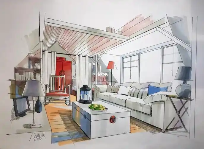 客厅空间马克笔上色