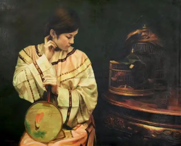 0019 仕女与笼中小鸟 镜框 油画画布