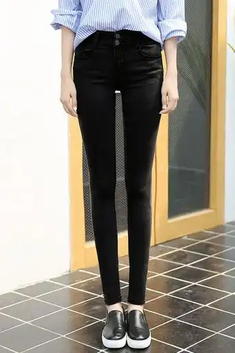 潮女必备 复古双扣女装高腰牛仔裤黑色小脚裤铅笔裤长裤秋装裤子