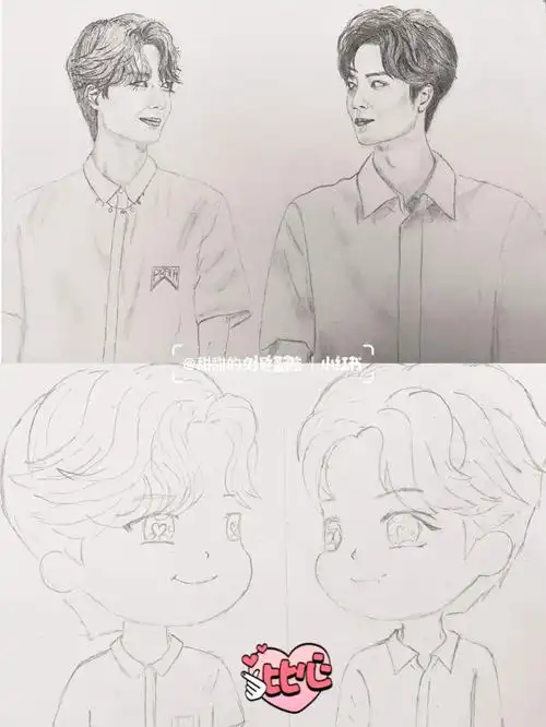 肖战王一博铅笔画卡通画可可爱爱