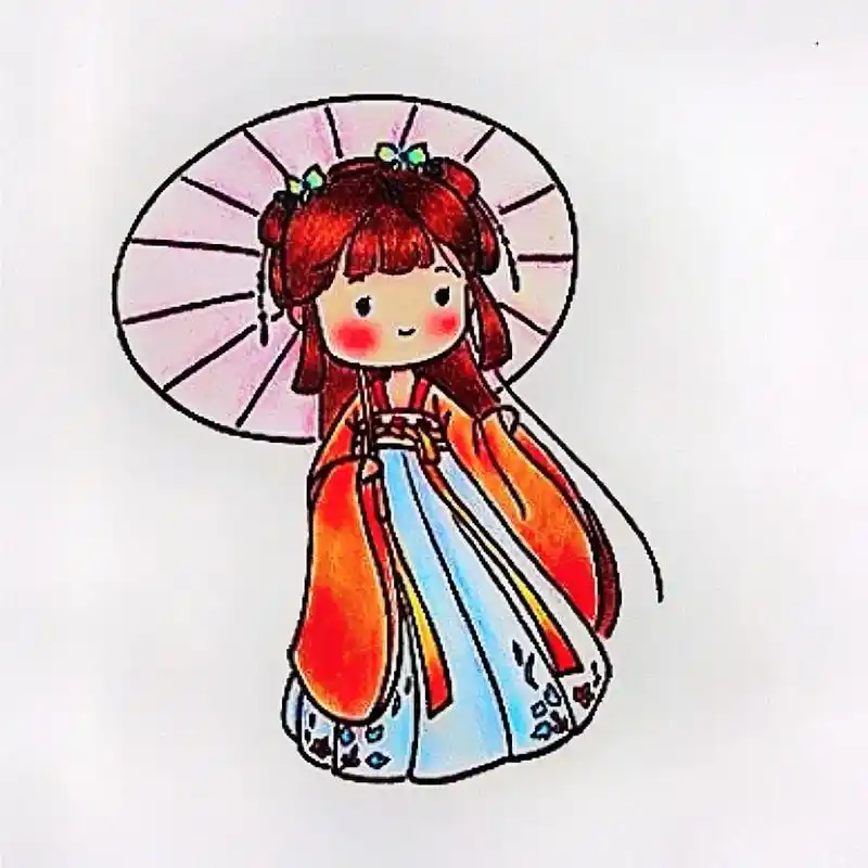 q版撑伞古风女孩简笔画教程#古风人物绘画 - 抖音