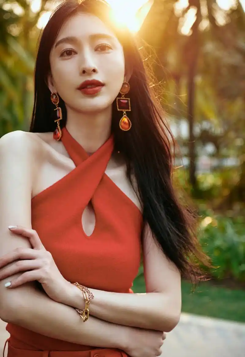 张俪# 一袭红色挂脖露背连衣裙,肤白貌美的容颜,白皙水嫩的肌肤,婀娜