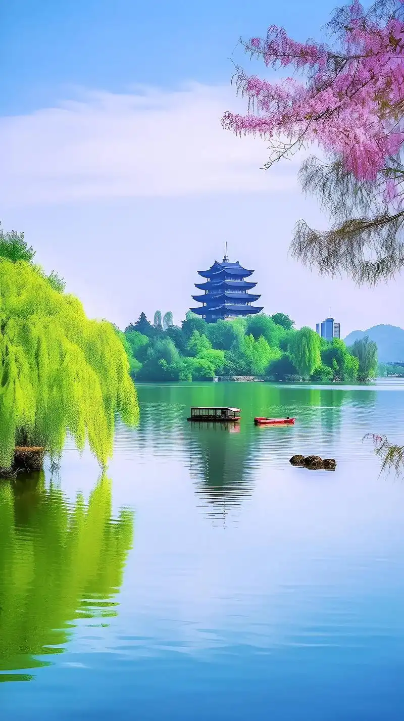夏日的杭州西湖,湖水碧绿清澈,如同一面巨大的镜子,倒映着蓝天 - 抖音