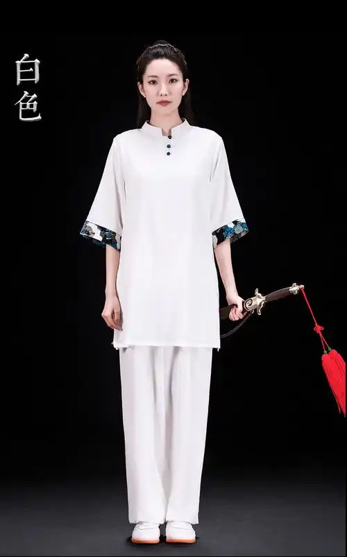 绘武太极服女短袖武术练功服夏季太极拳表演服白色上衣中式套头休闲