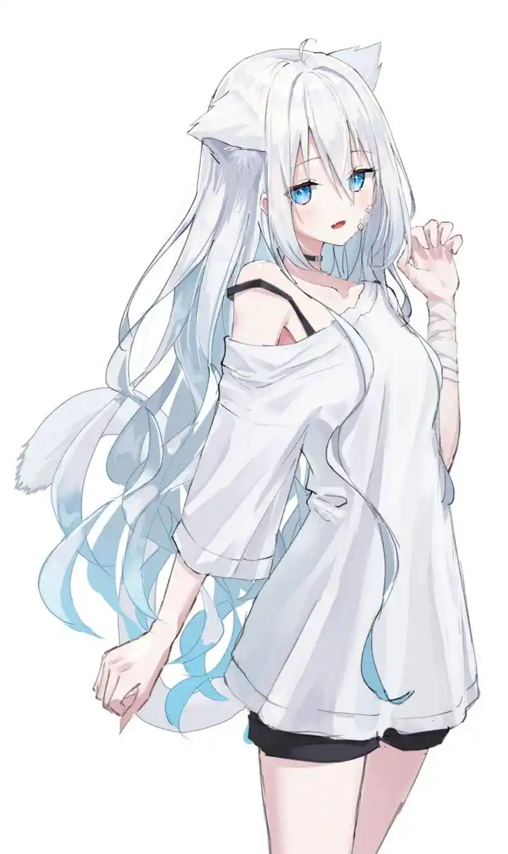 二次元#  白发猫耳娘 画师:十神乃