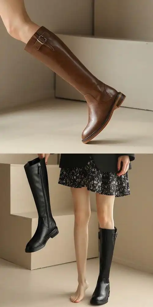 加绒不过膝高筒靴女平底百搭大筒围搭配穿的长靴女 棕色绒里39【图片