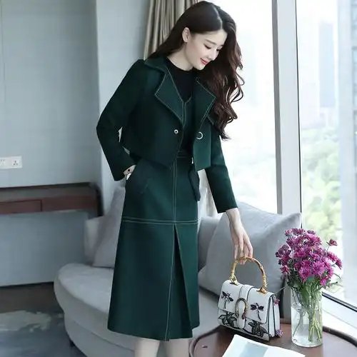 2021秋冬装新款女装加厚长袖连衣裙套装裙两件套时髦气质潮