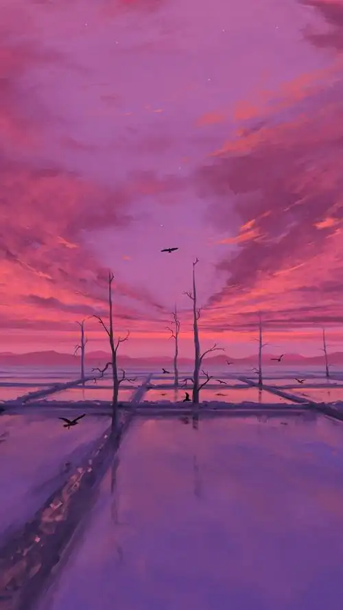 抖音最火绝美晚霞风景手绘插画,动漫-手机壁纸