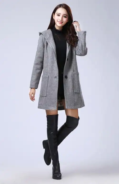 毛呢外套女中长款修身2017秋冬女装新款韩版大码连帽呢子大衣冬