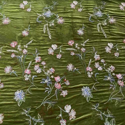 草绿色亮片小花厂家直销国风绒布冬装春秋装外套礼服裙装diy面料