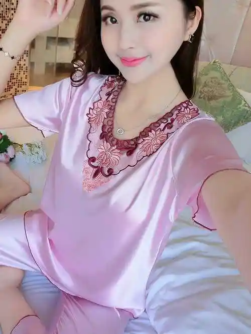 睡衣女夏短袖夏季九分裤女士薄款冰丝绸缎夏天夏款大码家居服套装