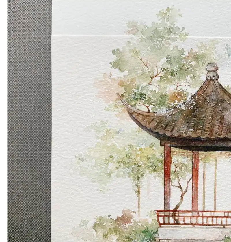 水彩手绘|拯救翻车的小亭子 是手绘园林坑(拙政园绿漪亭)然后翻坑里了