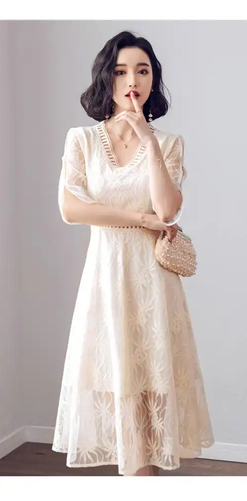 cuf 香港潮牌 蕾丝连衣裙女2020早春新款很仙的法国小众夏款v领网纱