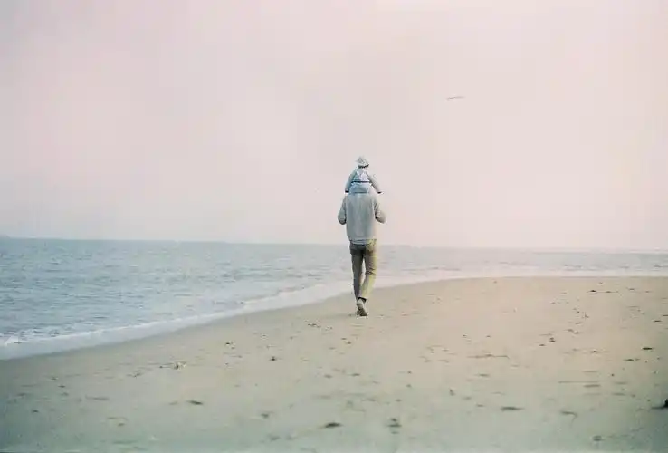 走向大海的唯美父子背影