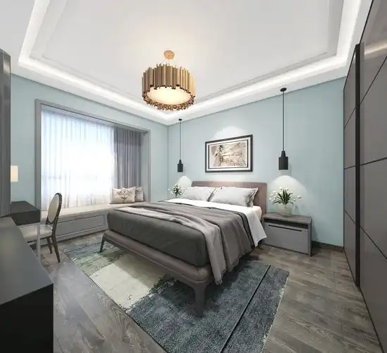 主卧室的墙漆颜色选择了色彩明度更高的灰蓝色,床体的木质颜色以及床