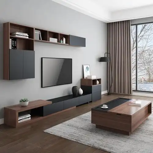现代简约伸缩电视柜茶几组合套装北欧创意大小户型客厅吊柜背景墙