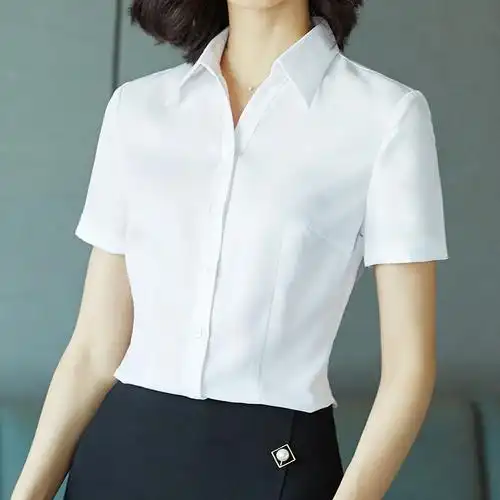 白衬衫女2018夏装新款修身正装ol半袖寸衫职业工作服v领短袖衬衣