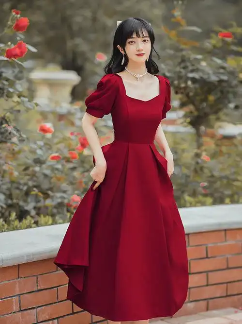 夏季女装法式复古小众酒红色气质方领礼服连衣裙在逃公主生日长裙