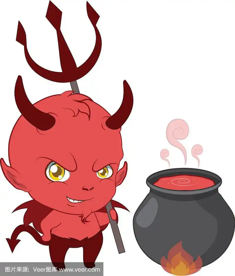 拿着干草叉和坩埚的小恶魔