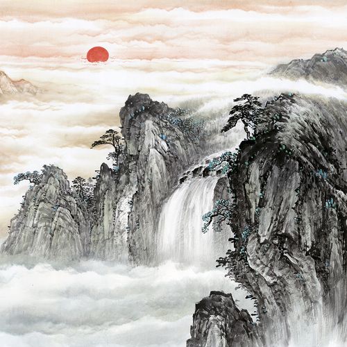 风水招财靠山迎客松旭日东升国画山水画办公国画