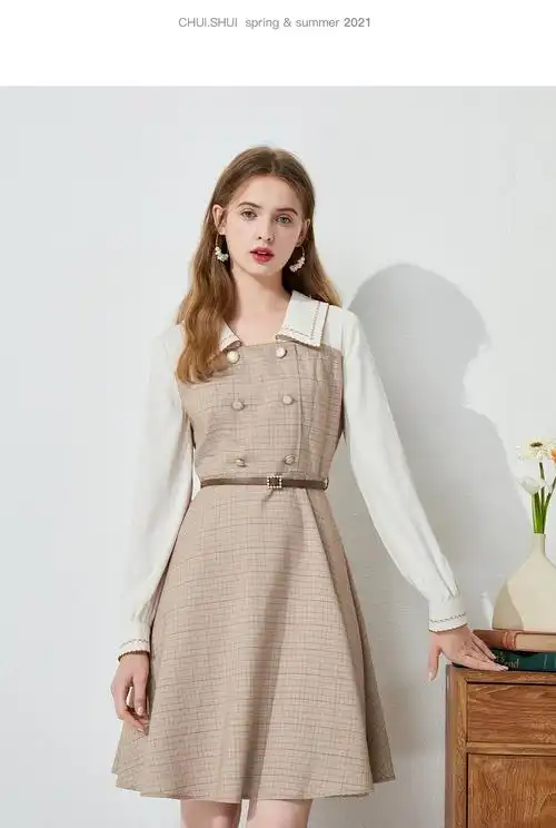 秋水伊人2021年春新品女装时尚拼接假两件宽松中长款长袖连衣裙女