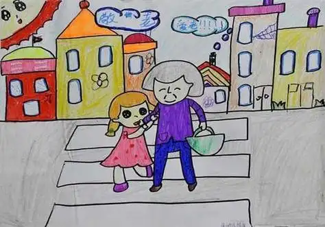 儿童画手抄报模板帮助老人过马路交通安全简笔画马路手抄报扶老奶奶过