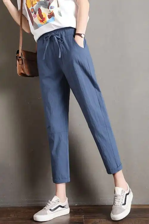 九分哈伦裤新款女夏薄款仿冰丝棉麻百搭小脚裤大码宽松休闲萝卜裤