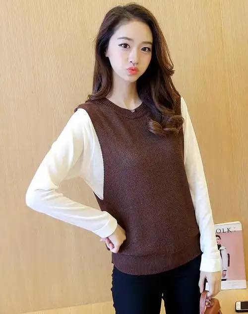 女藏青色短款假两件套套头针织衫