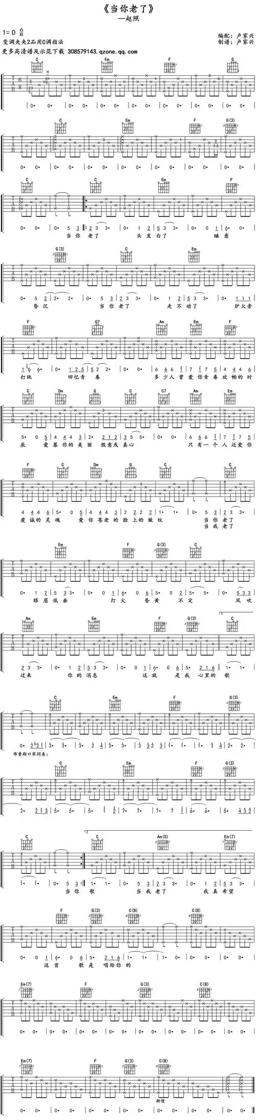 赵照《当你老了》吉他谱_c调指法_变调夹2品_高清六线弹唱谱_卢家兴