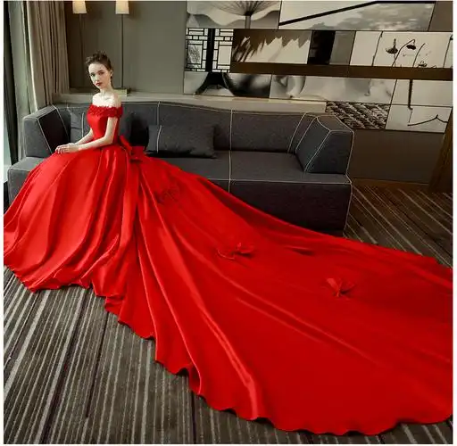 一字肩红色拖尾婚纱礼服女缎面结婚韩版公主2022夏季新款新娘婚纱