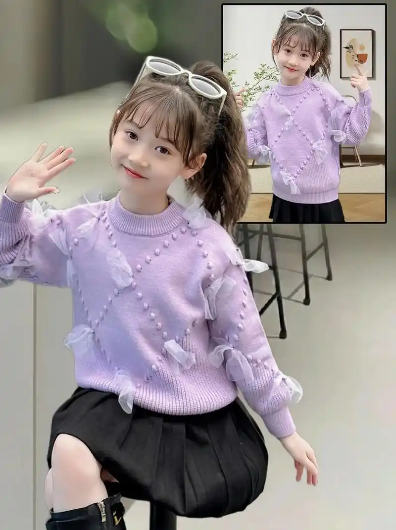 女童洋气纱网蝴蝶结毛衣