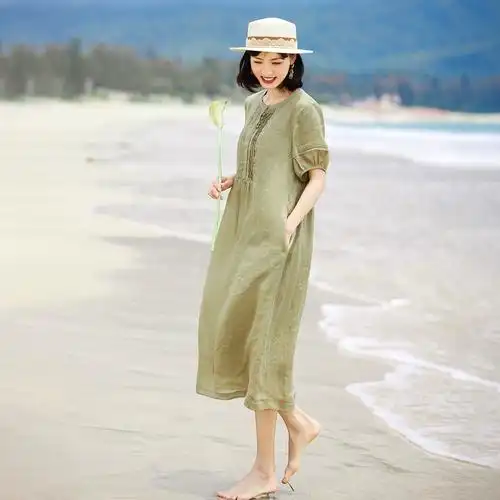 苎麻连衣裙女2023夏季新款小个子花边灯笼短袖宽松怀旧复古长裙子