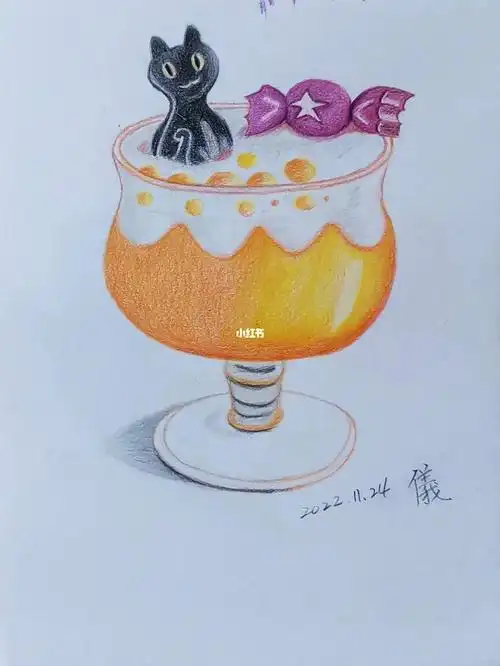 彩铅芒果布丁杯饮品