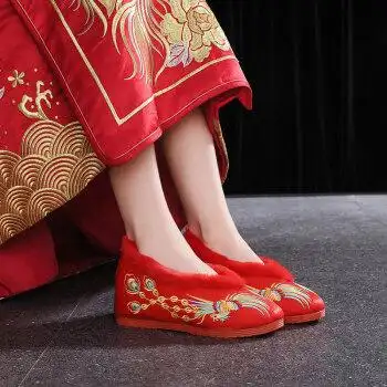 新款秀禾鞋女中式婚鞋配秀禾服鞋子红色内增高新娘结婚绣花鞋瑞央 r-a