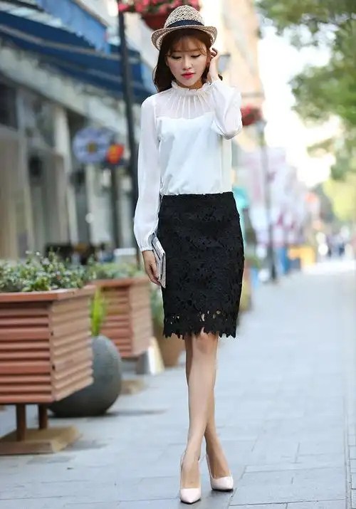 春夏新款百搭高档水溶蕾丝高腰包臀半身裙一步裙中裙包裙0