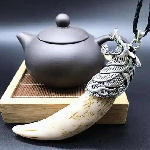 厂家直销精美仿古做旧骨雕牙雕挂件白铜老虎头镶牙齿吊坠挂饰