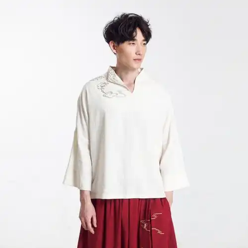 【静若心莲】cts-0005秋款原创新中式手工盘金绣斜开领潮t恤男款