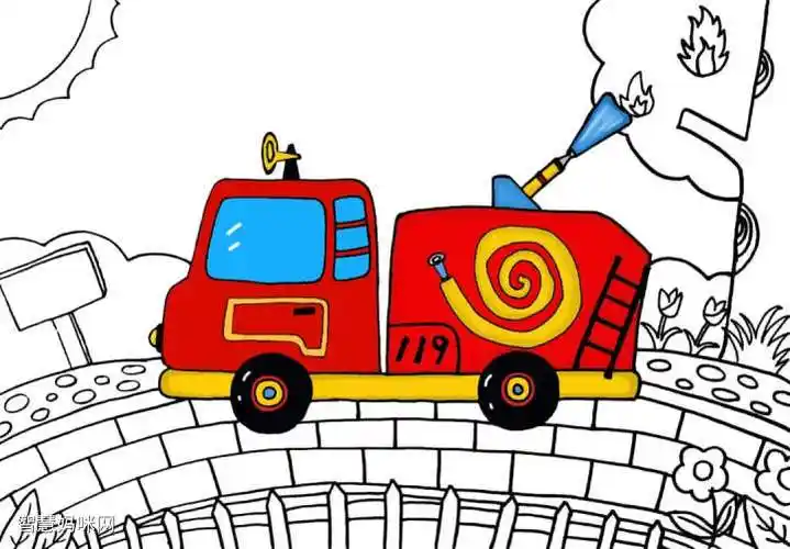 步骤4:用红色和黄色和蓝色给消防车上色.
