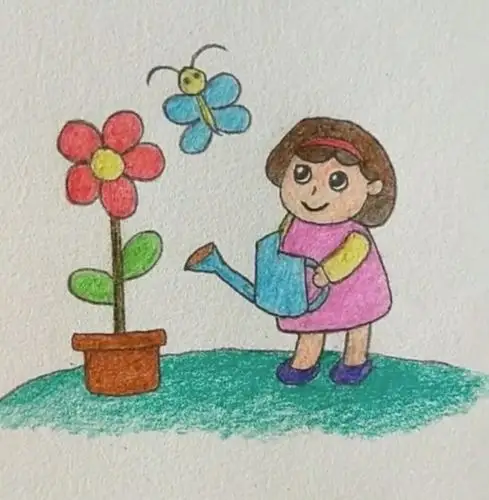 小女孩浇花彩铅简笔画图片及视频教程