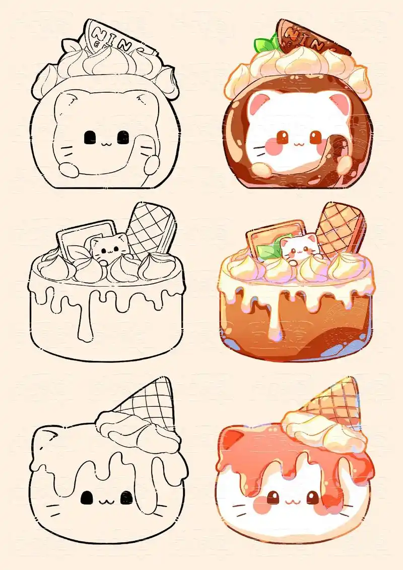 可爱的小猫咪和甜甜品!一口一个吧!#绘画 #插画 #卡通 # - 抖音