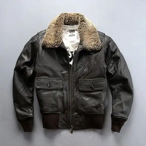 英伦风可拆卸羊羔毛领飞行员皮夹克复古翻领休闲山羊皮夹克